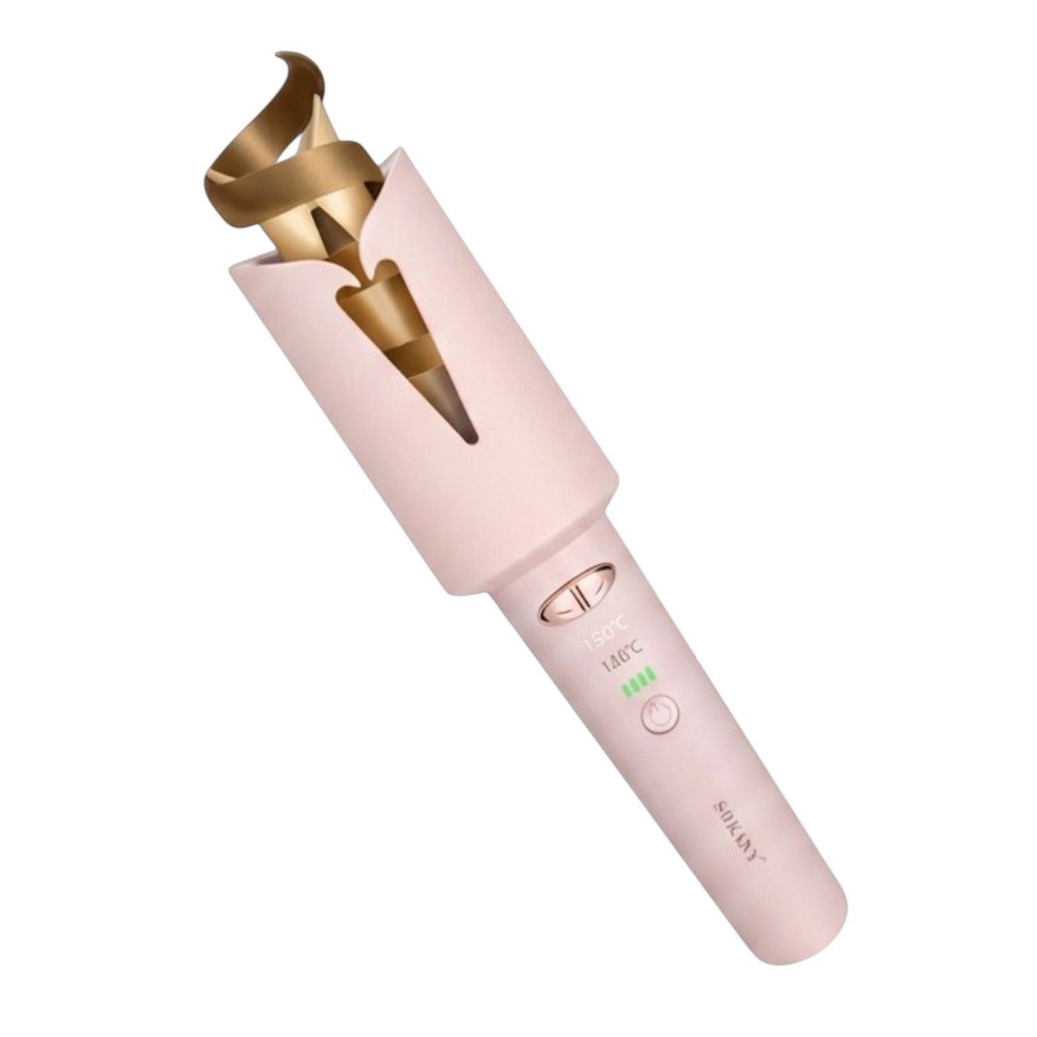 INOUTHOMECO Sokany cordless auto hair curler in matte pink with a gold ceramic barrel and digital temperature display.