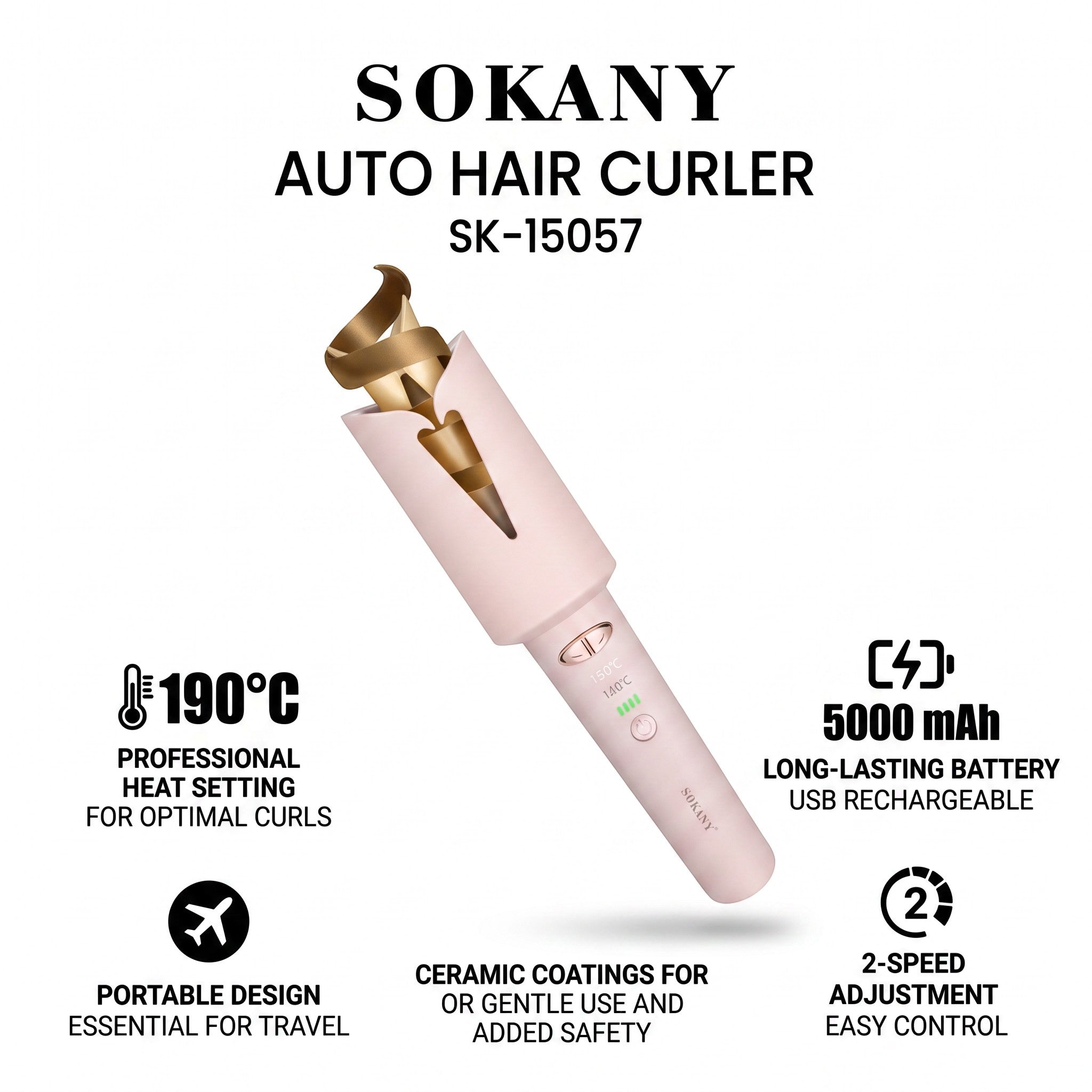INOUTHOMECO Sokany cordless auto hair curler in light pink with ceramic barrel, rechargeable battery, and heat settings