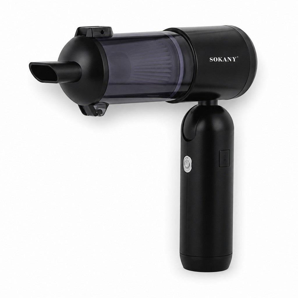 INOUTHOMECO SOKANY cordless handheld vacuum in black with a foldable handle and clear dust cup for car and home use.