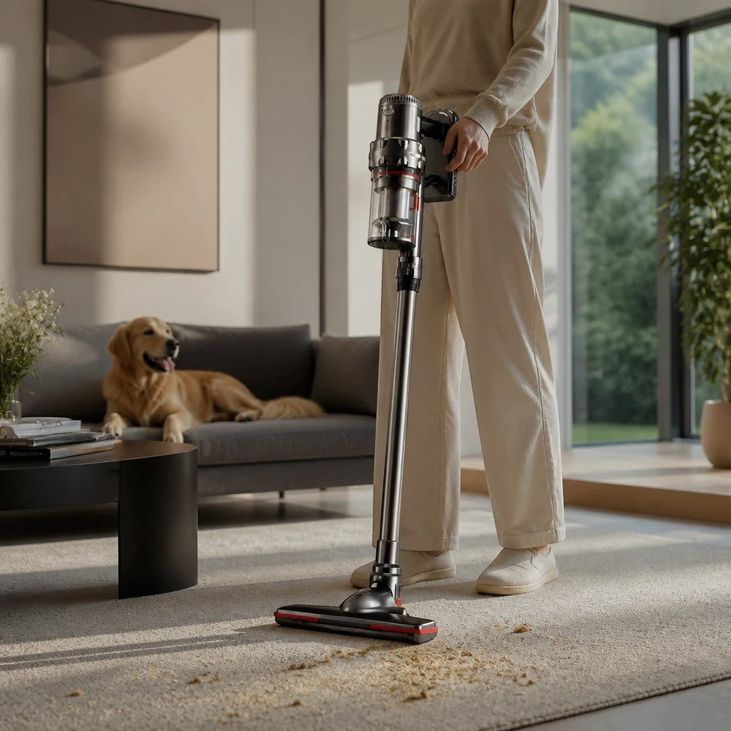 INOUTHOMECO Sokany cordless stick vacuum cleaner cleaning carpet in a modern living room with a dog nearby