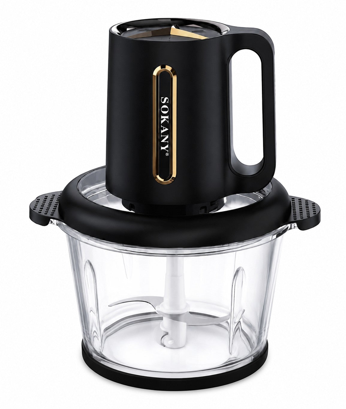 INOUTHOMECO SOKANY Wonder Chopper with 3.0L glass bowl, 800W black motor unit, and stainless steel blade assembly.