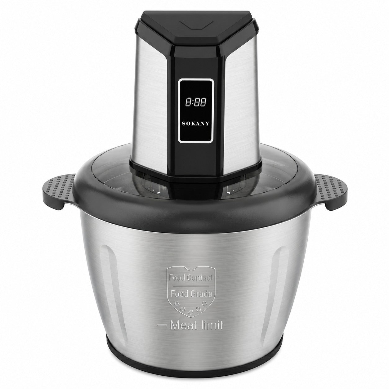 INOUTHOMECO SOKANY 800W electric food chopper with 3L stainless steel bowl, 4 blades, and digital usage time display.