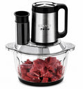 INOUTHOMECO SOKANY 1000W electric food chopper with a 5L glass bowl filled with raw meat and a 6-blade system.
