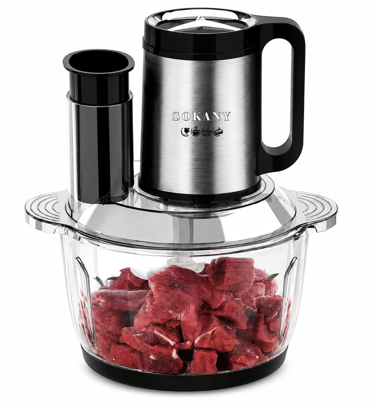 INOUTHOMECO SOKANY 1000W electric food chopper with a 5L glass bowl filled with raw meat and a 6-blade system.