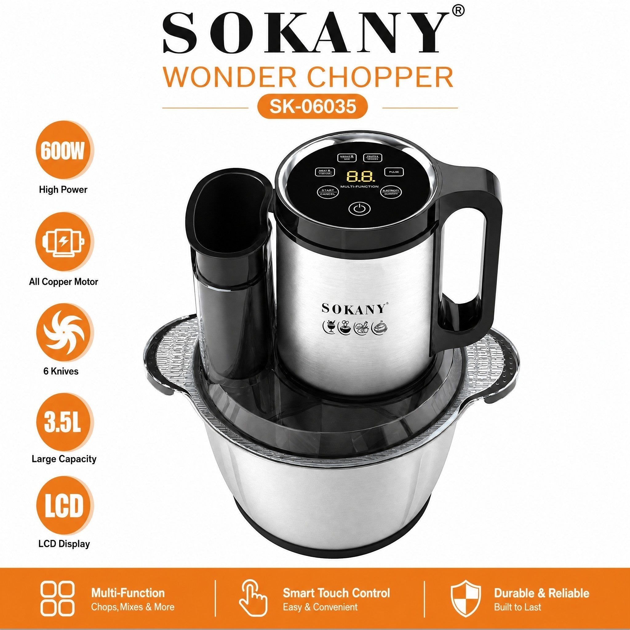 INOUTHOMECO SOKANY 3.5L electric food processor with stainless steel bowl, LCD touch display, and 6-knife blade system.