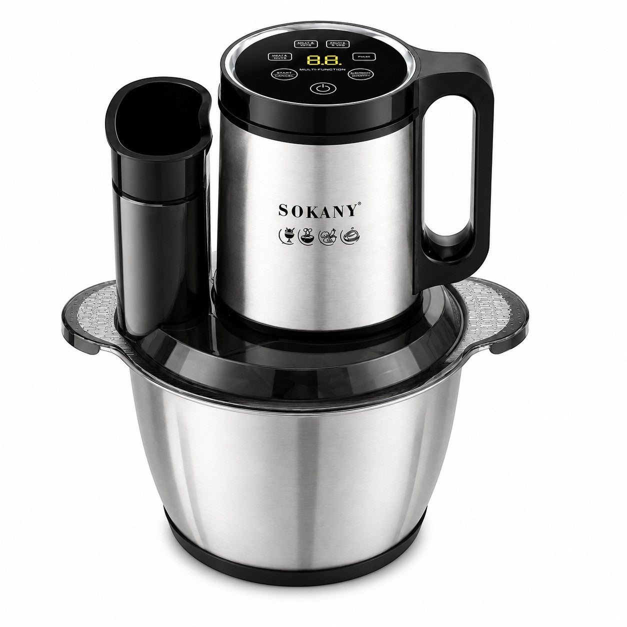 INOUTHOMECO SOKANY electric food processor with a 3.5L stainless steel bowl, LCD touch display, and black accents.