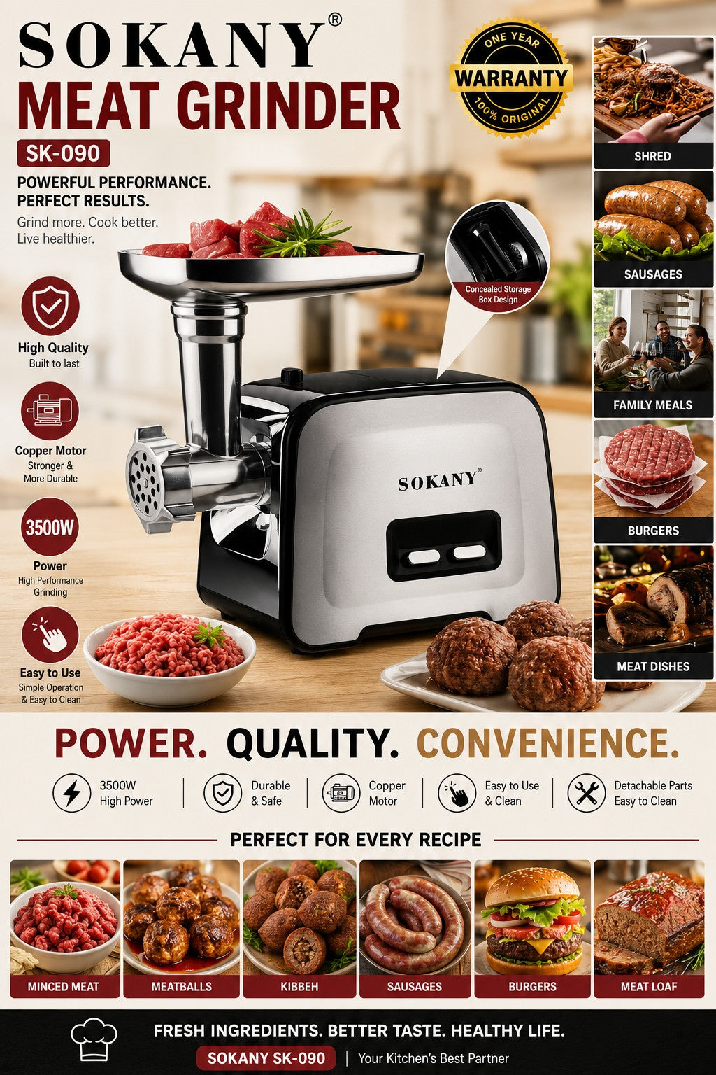 INOUTHOMECO SOKANY 3500W electric meat grinder with stainless steel attachments and versatile food processing features