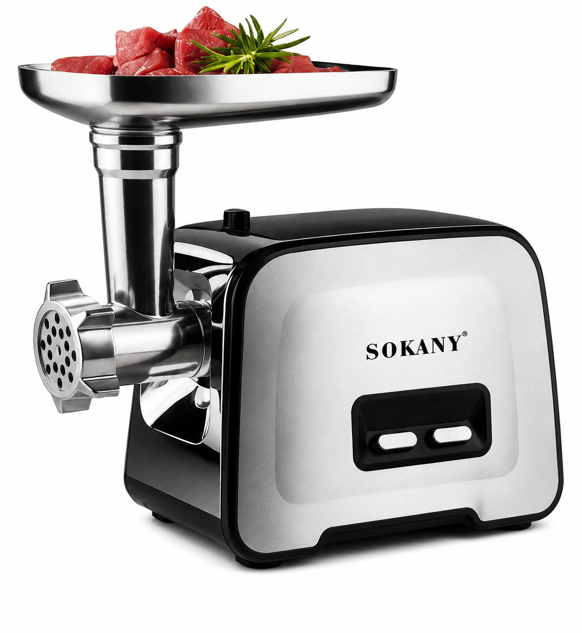 INOUTHOMECO SOKANY 3500W electric meat grinder with stainless steel tray and grinding head, loaded with raw meat.