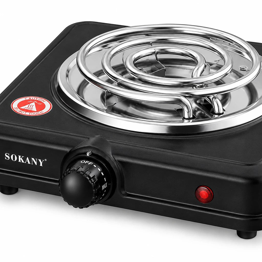 INOUTHOMECO SOKANY 1000W electric stove with a black metal base, silver heating coil, and adjustable rotary knob.