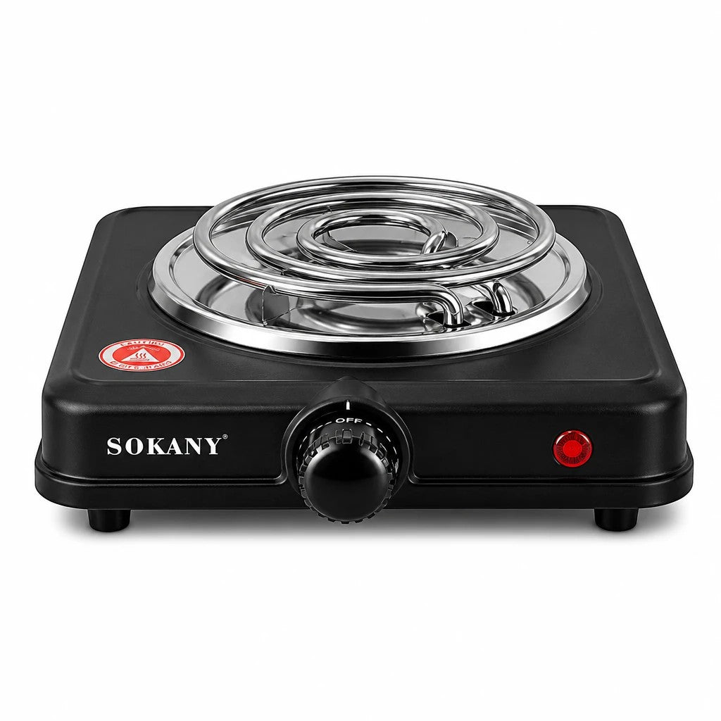 INOUTHOMECO SOKANY 1000W electric stove with a black metal housing, silver heating coil, and adjustable rotary knob.