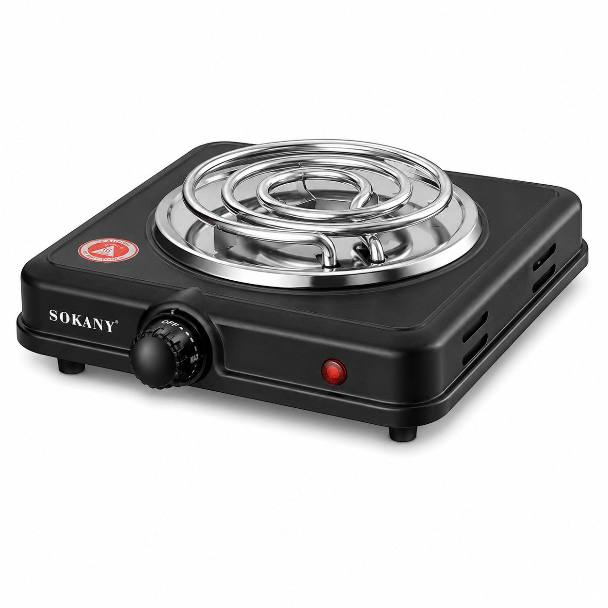 INOUTHOMECO SOKANY electric stove with a black metal housing, 1000W heating coil, and adjustable temperature knob.