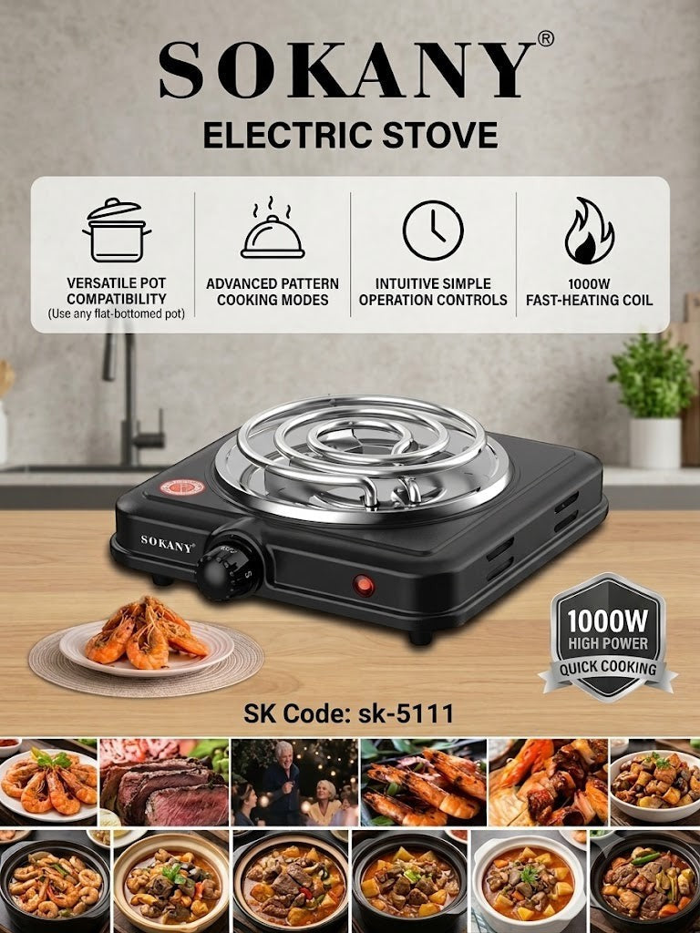 INOUTHOMECO SOKANY 1000W electric stove with a black metal housing, heating coil, and adjustable rotary temperature knob.