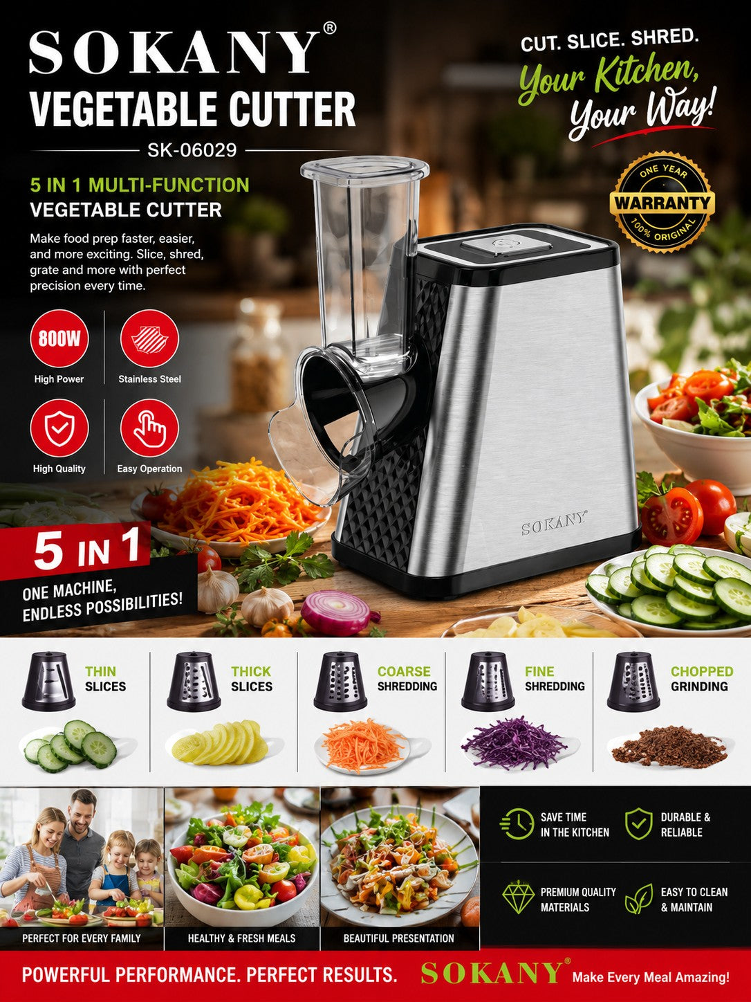 INOUTHOMECO SOKANY 5-in-1 electric vegetable cutter with stainless steel finish, five cutting cones, and 800W motor.