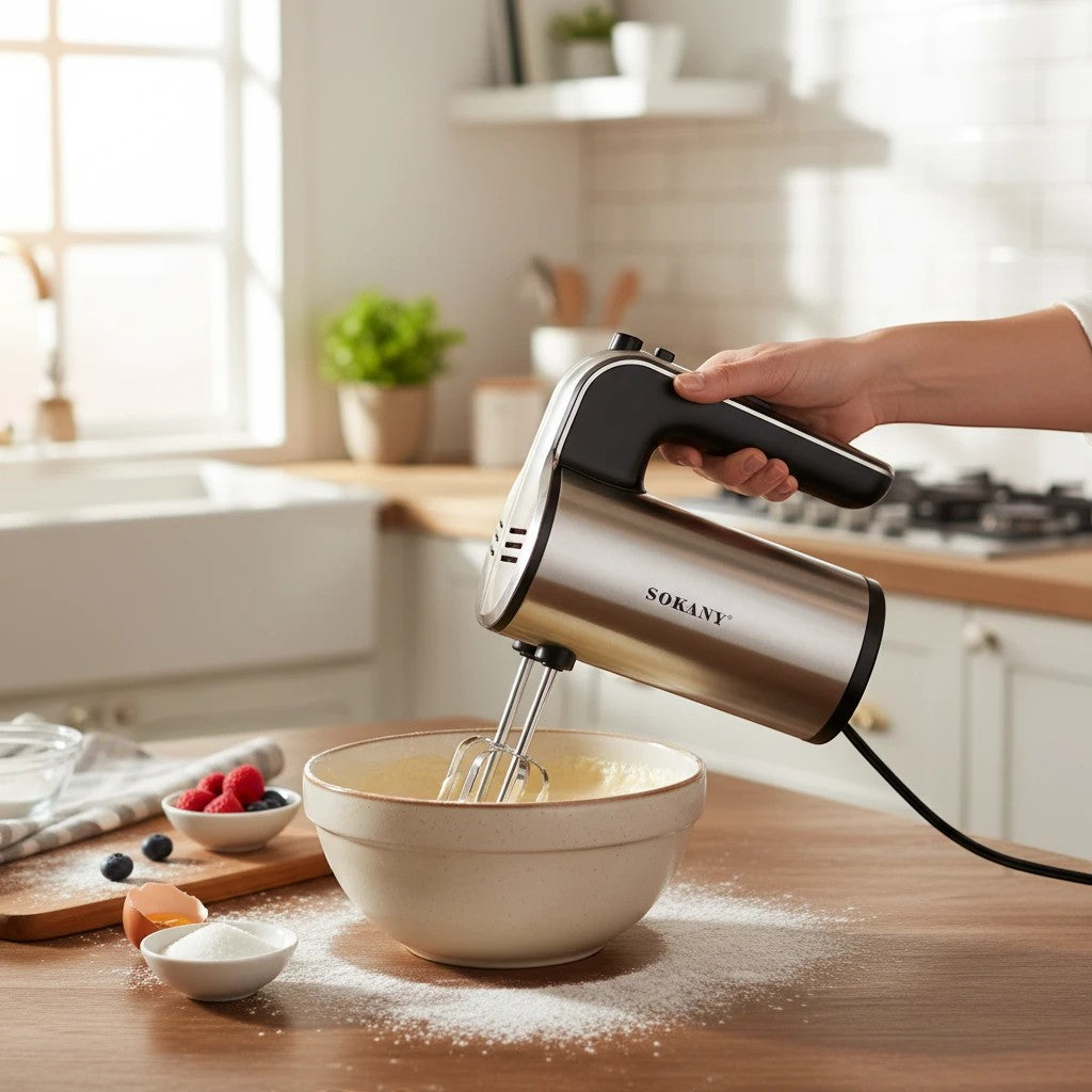 INOUTHOMECO SOKANY 400W hand mixer with stainless steel beaters mixing batter in a bowl in a bright kitchen