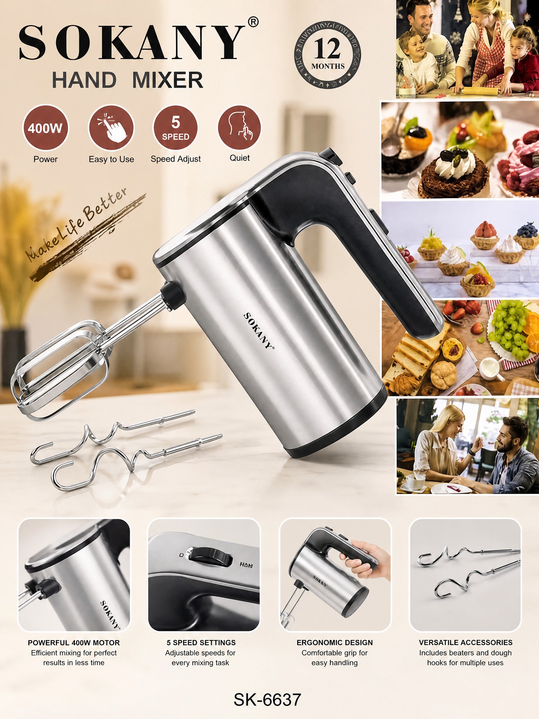 INOUTHOMECO SOKANY 400W hand mixer in silver and black with stainless steel beaters and dough hooks for home baking