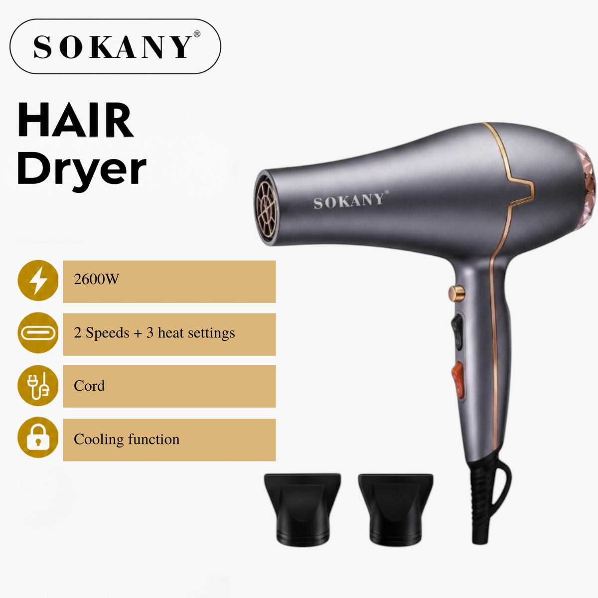 INOUTHOMECO SOKANY 2600W ionic hair dryer in grey with two styling nozzles, featuring multiple heat and speed settings.