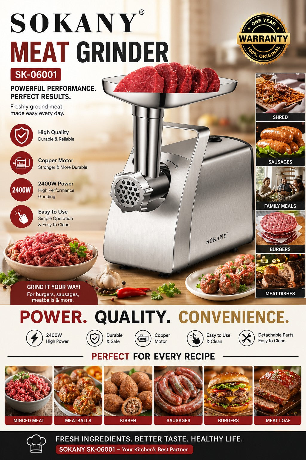 INOUTHOMECO Sokany 2400W silver stainless steel meat grinder with accessories for sausages, burgers, and mince.