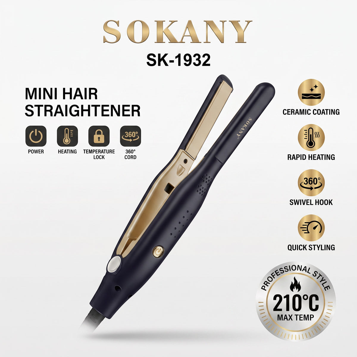 INOUTHOMECO Sokany mini ceramic hair straightener with black and gold design, featuring swivel cord and rapid heating.