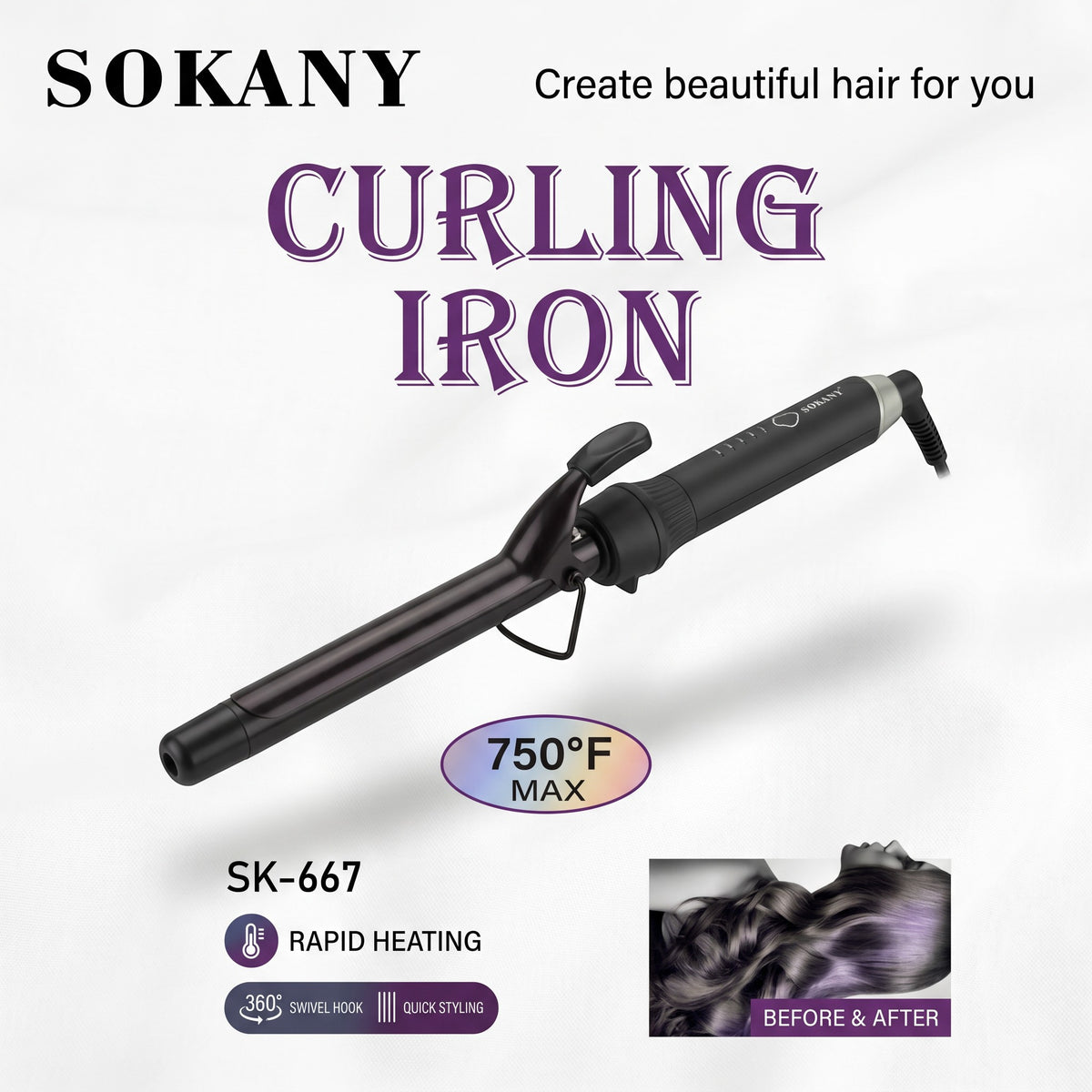 INOUTHOMECO Sokany SK-667 nano titanium curling iron with digital temperature control and 360-degree swivel cord.