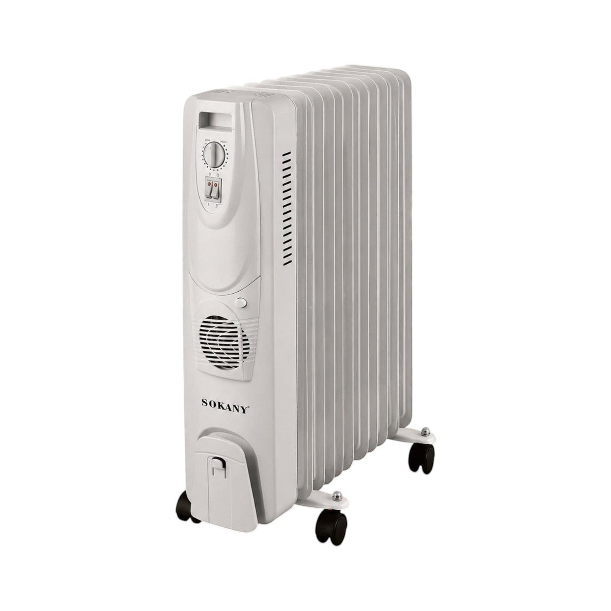 INOUTHOMECO SOKANY white 7-fin oil-filled radiant heater with adjustable thermostat and portable castor wheels.