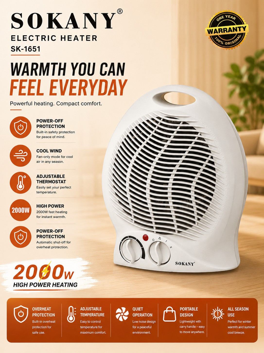 INOUTHOMECO SOKANY 2000W white portable electric fan heater with adjustable thermostat and cool air mode