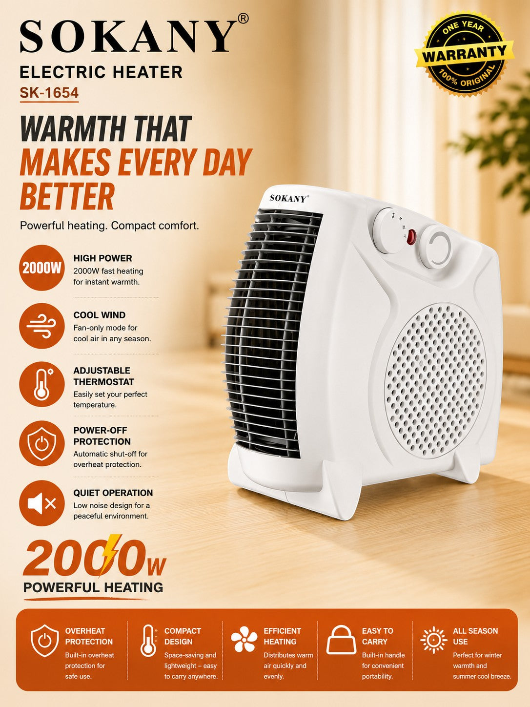 INOUTHOMECO SOKANY 2000W portable electric fan heater with adjustable thermostat and quiet operation in white