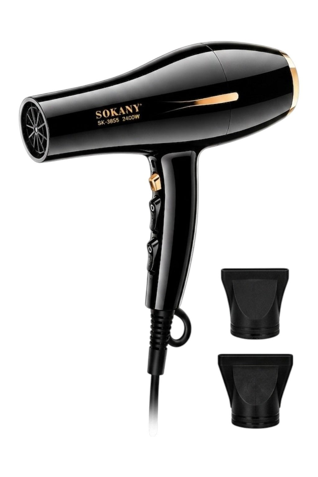INOUTHOMECO SOKANY 2400W professional hair dryer in black and gold with two styling concentrator nozzles