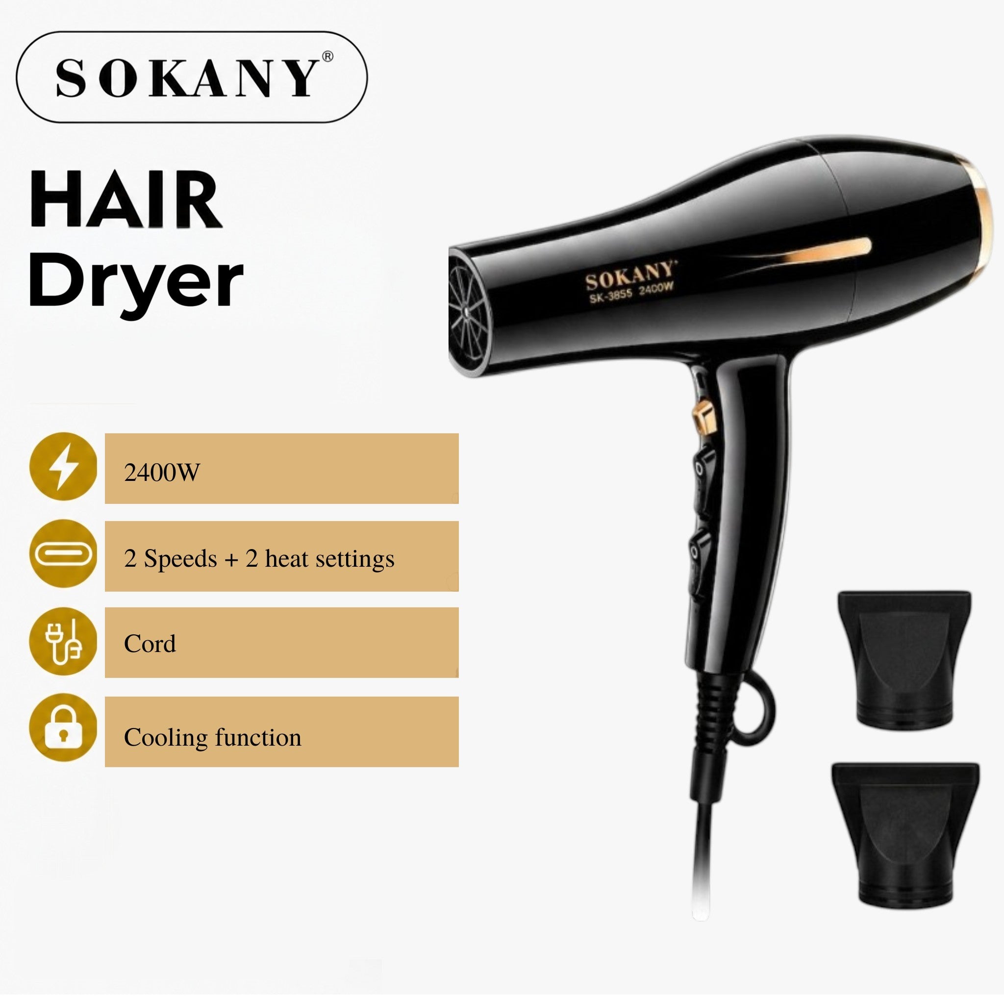 INOUTHOMECO SOKANY 2400W professional hair dryer in black and gold with two styling nozzles and multiple heat settings.
