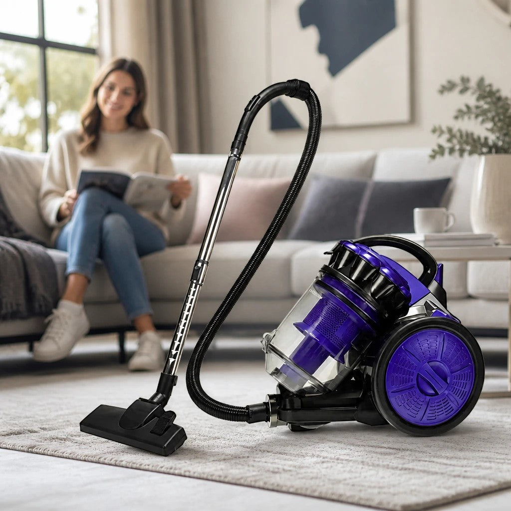 INOUTHOMECO Sokany 3000W bagless cyclonic vacuum cleaner in purple and black on a living room carpet with a woman nearby
