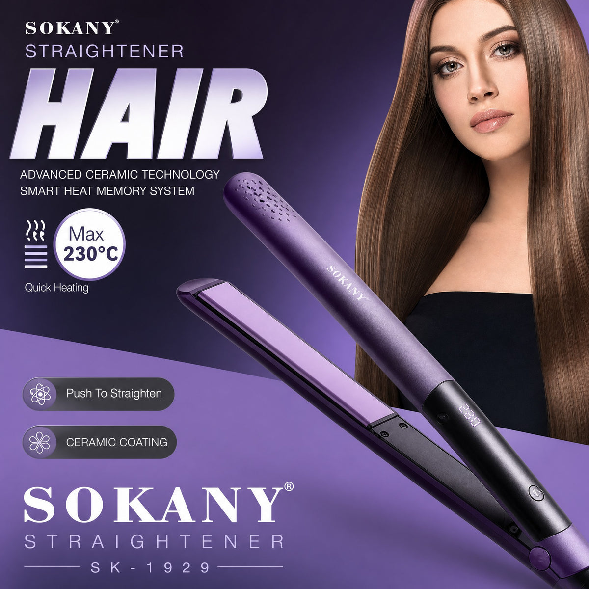INOUTHOMECO Sokany purple ceramic hair straightener with digital temperature display for sleek salon-quality styling