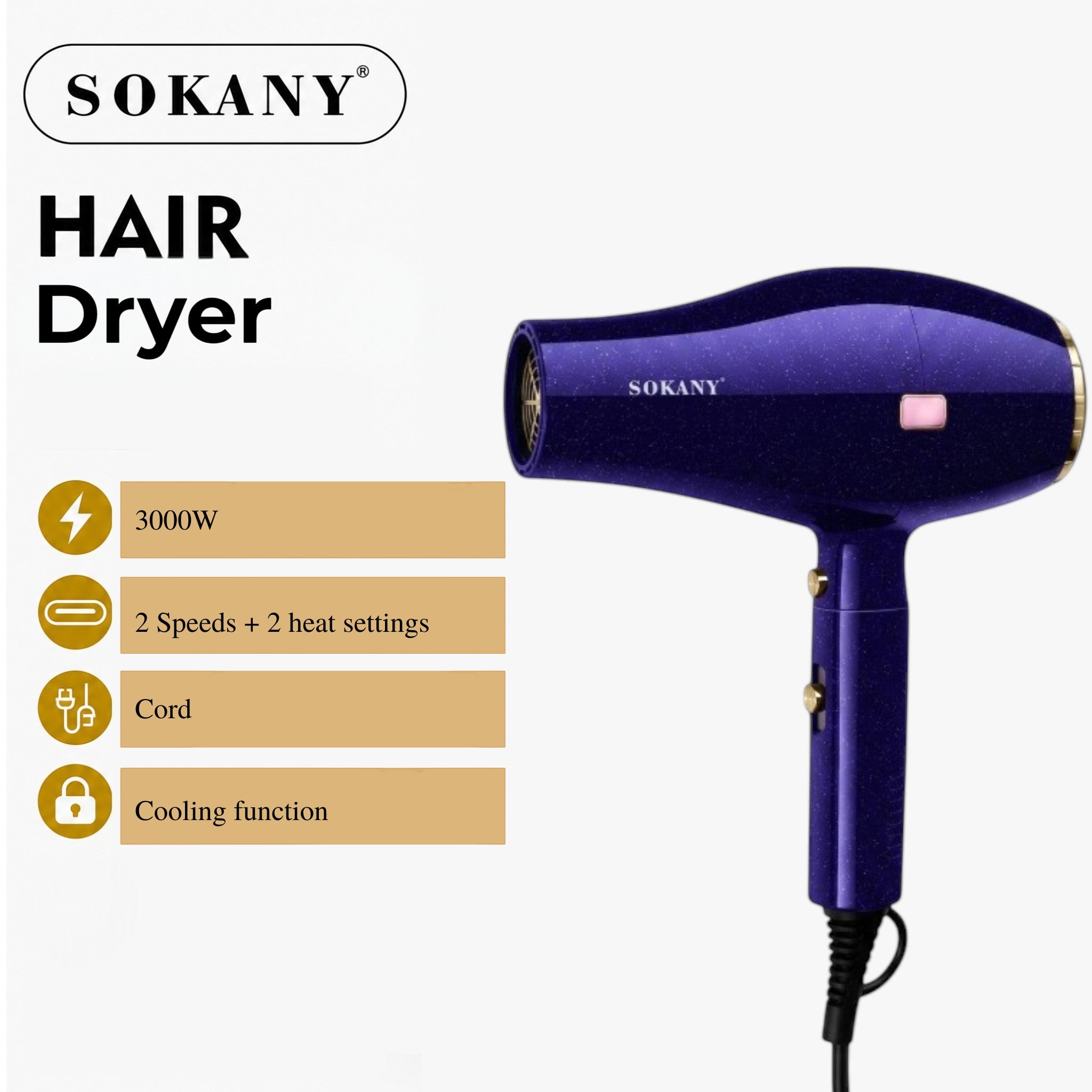 INOUTHOMECO SOKANY 3000W professional hair dryer in a deep purple glitter finish with adjustable speed and heat settings.