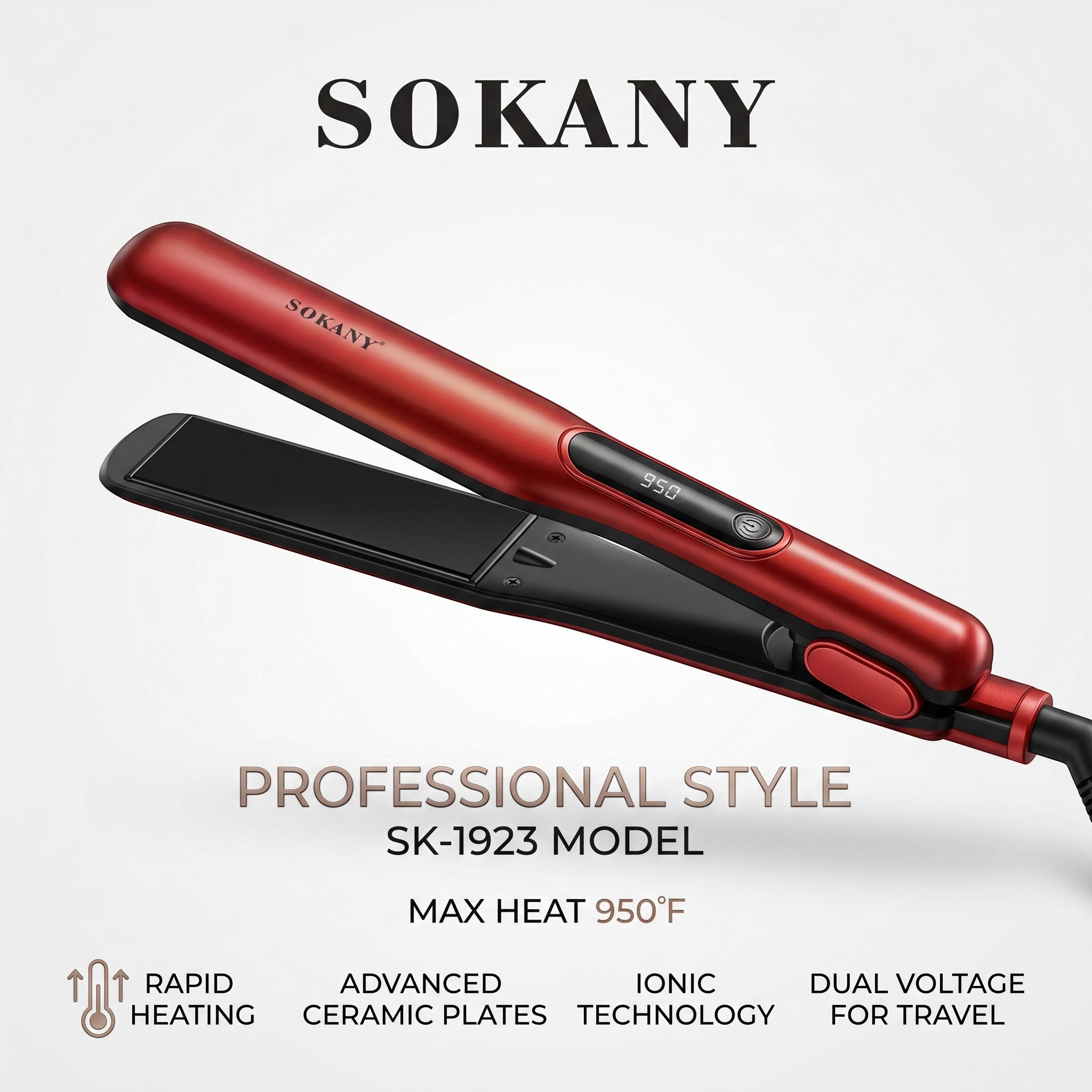 INOUTHOMECO Sokany SK-1923 red ceramic hair straightener with digital display and swivel cord for professional styling