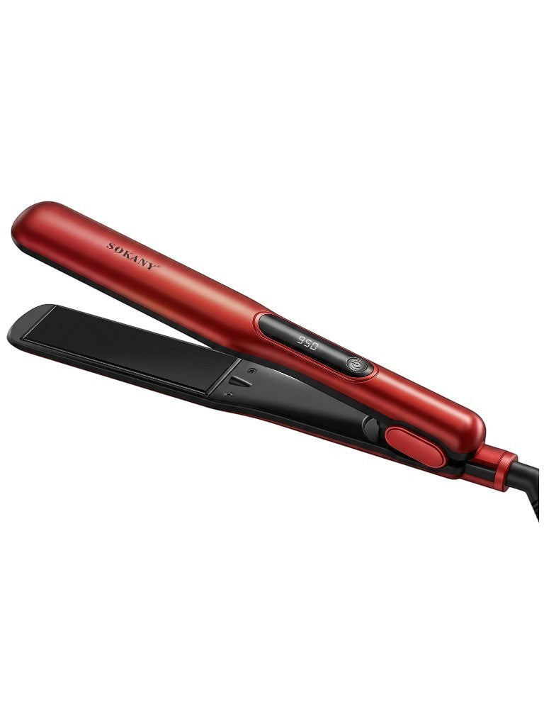 INOUTHOMECO Sokany ceramic hair straightener in metallic red with black plates and a digital temperature display.