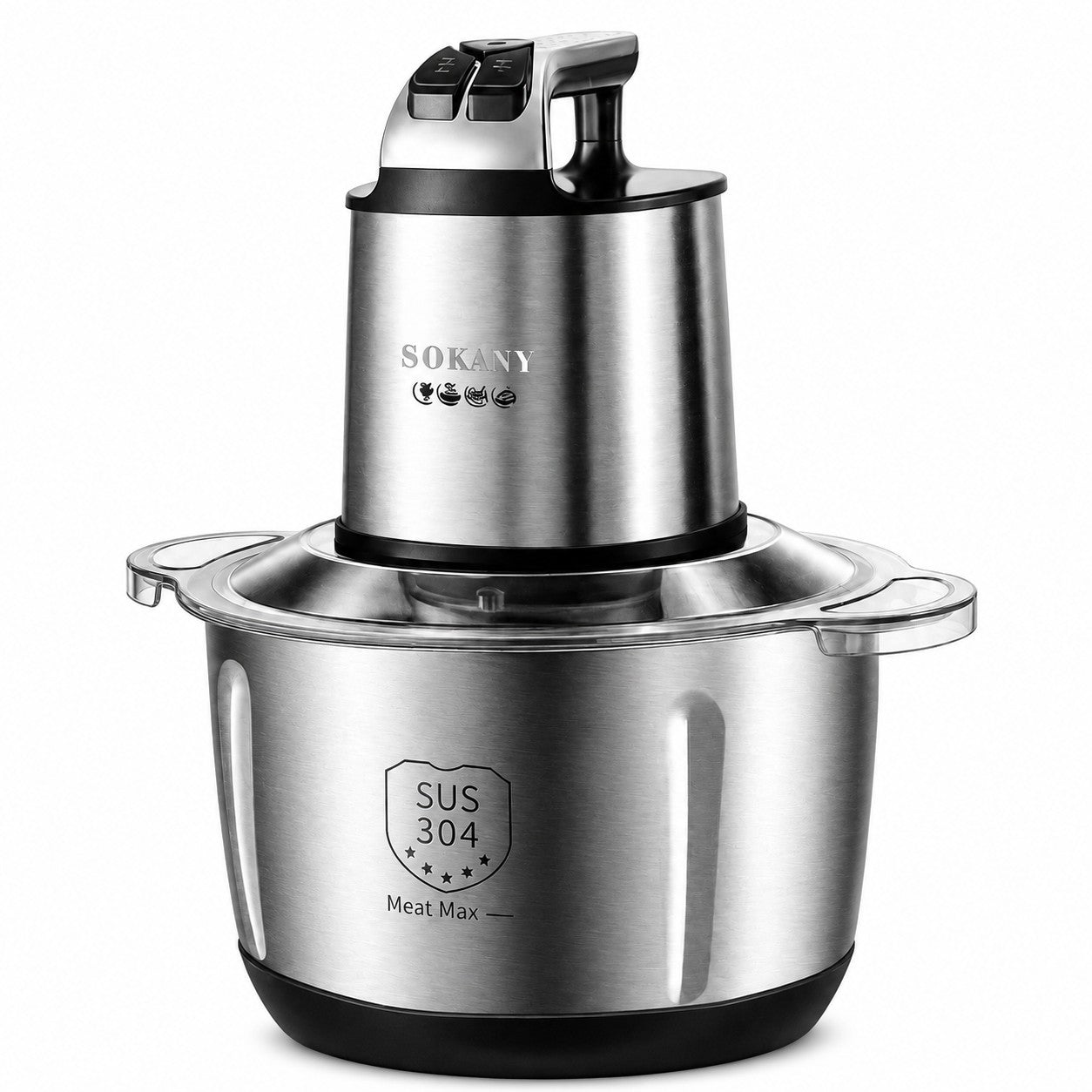 INOUTHOMECO SOKANY 1000W electric food chopper with a 5L stainless steel bowl and 6-blade system for kitchen prep.