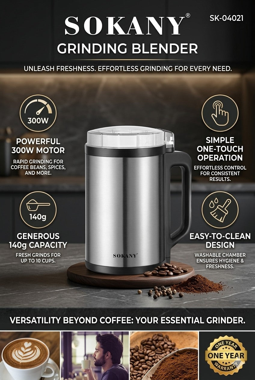 INOUTHOMECO Sokany 300W stainless steel grinding blender for coffee beans and spices with one-touch operation.
