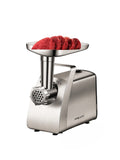 INOUTHOMECO Sokany 2400W stainless steel meat grinder with raw beef slices on the top food tray