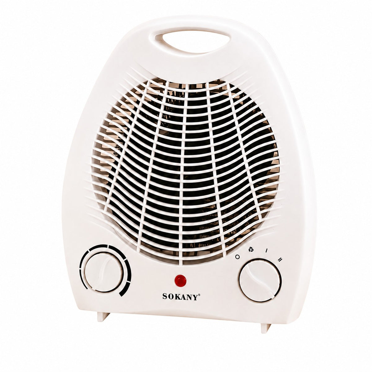 INOUTHOMECO SOKANY white portable electric fan heater with 2000W heating, dual control knobs, and carry handle.