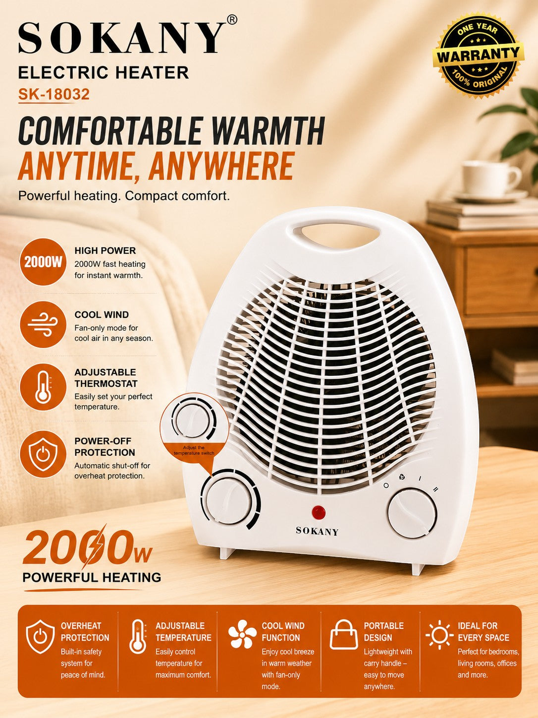 INOUTHOMECO SOKANY white portable electric fan heater with 2000W power, adjustable thermostat, and cool wind function.