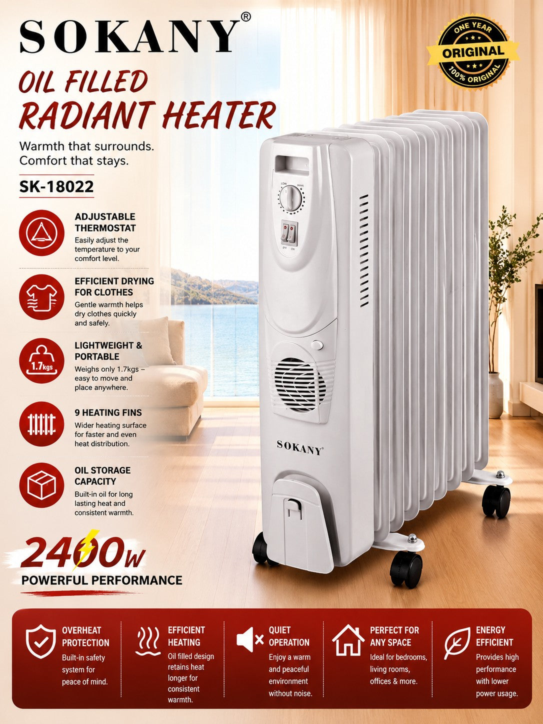 INOUTHOMECO SOKANY 9-fin white oil-filled radiant heater with adjustable thermostat and castor wheels for home heating.