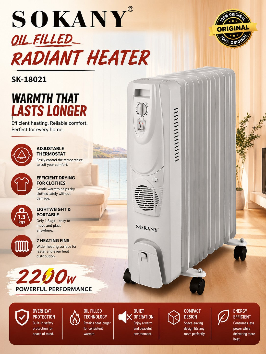INOUTHOMECO SOKANY 7-fin white oil-filled radiant heater with adjustable thermostat and portable castor wheels.