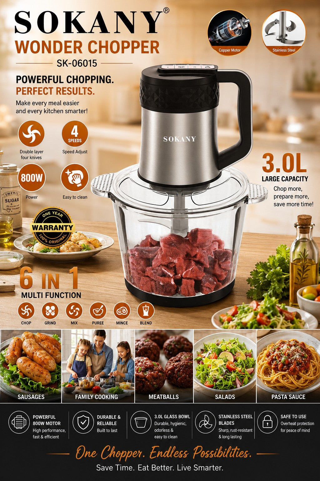 INOUTHOMECO SOKANY 6-in-1 Wonder Chopper with 3L glass bowl, 800W motor, and stainless steel blades for food prep.