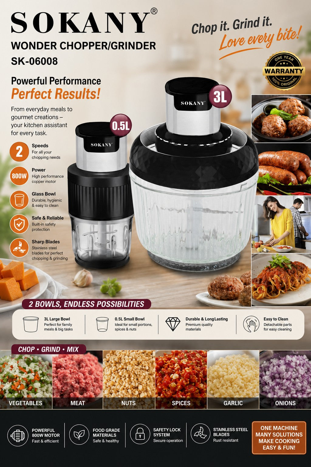 INOUTHOMECO SOKANY 800W Wonder Chopper and Grinder with two glass bowls, stainless steel blades, and 2 speed settings.