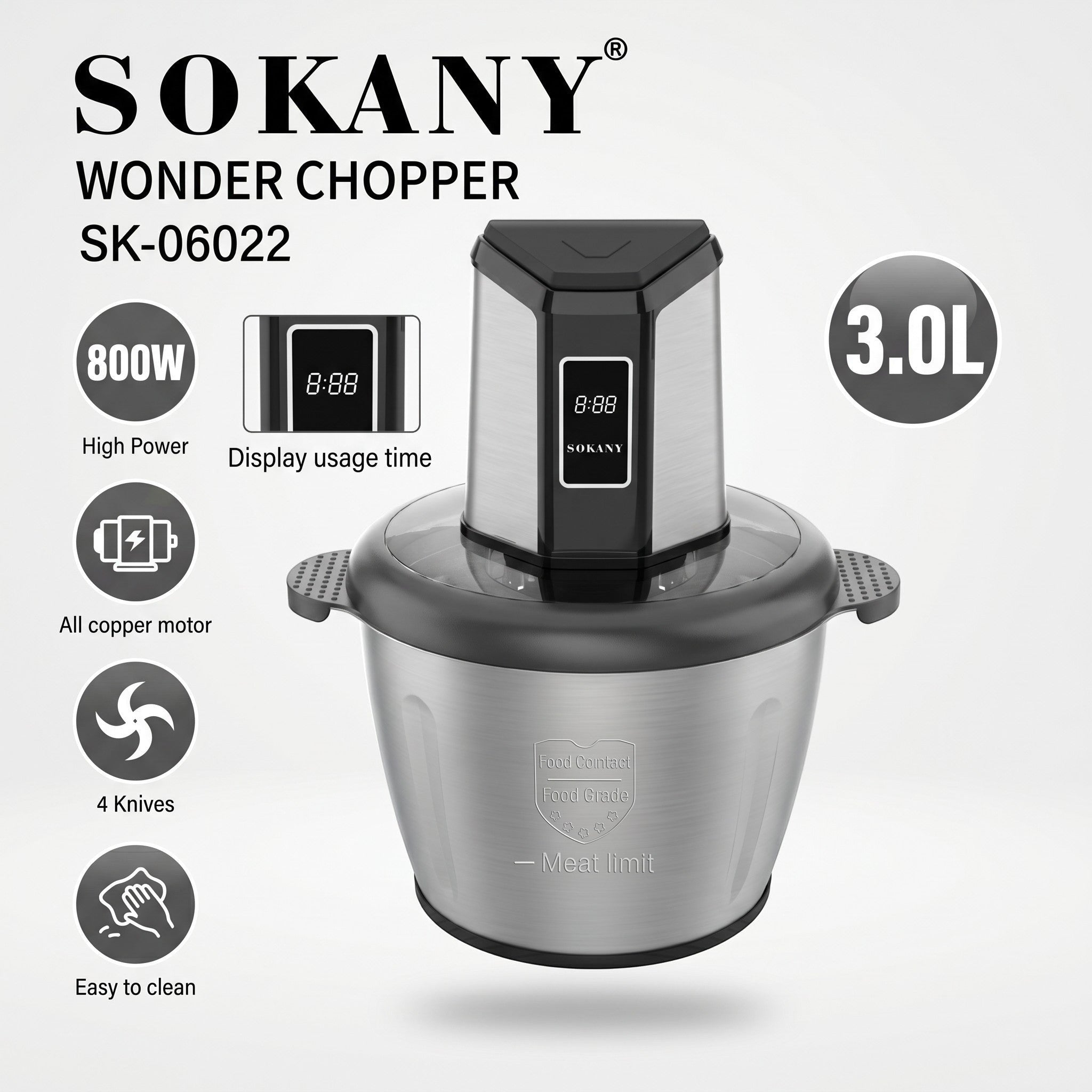 INOUTHOMECO SOKANY Wonder Chopper with 3L stainless steel bowl, 800W motor, 4 blades, and digital usage time display.