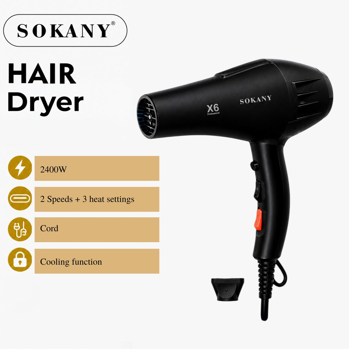 INOUTHOMECO Sokany X6 black ionic hair dryer with concentrator nozzle, featuring adjustable heat and speed settings.