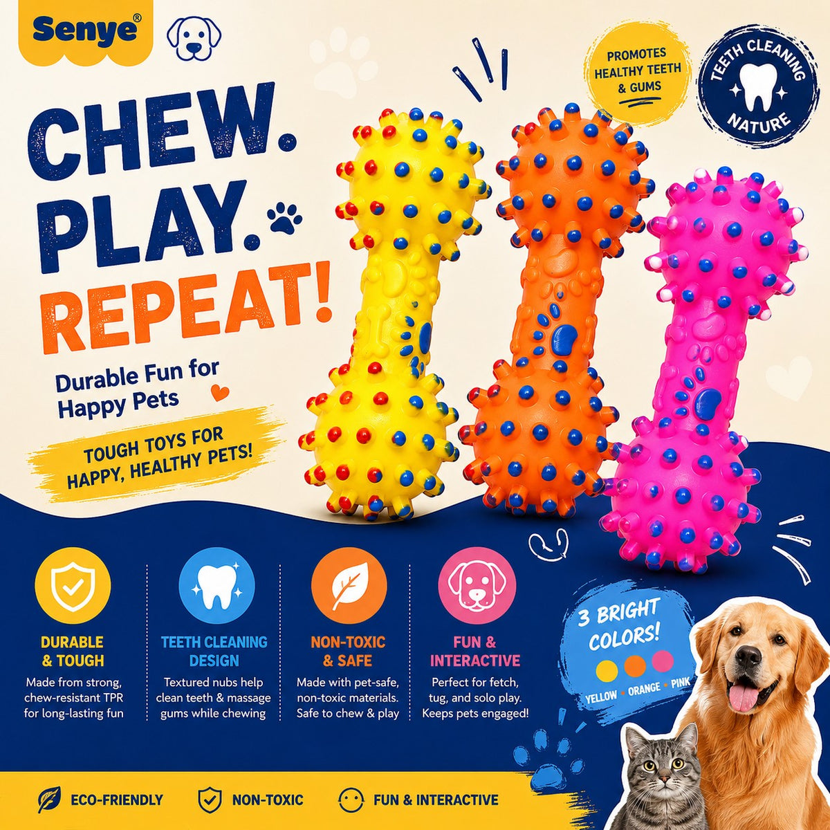 INOUTHOMECO spiky dental dumbbell dog chew toys in yellow, orange, and pink rubber with textured massage nodes.