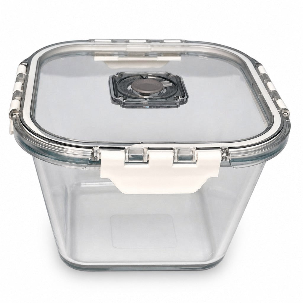 INOUTHOMECO square 800ml glass food storage container with an airtight locking lid and built-in steam vent.