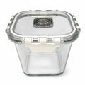 INOUTHOMECO square glass food container with an airtight locking lid and built-in steam vent for meal prep.