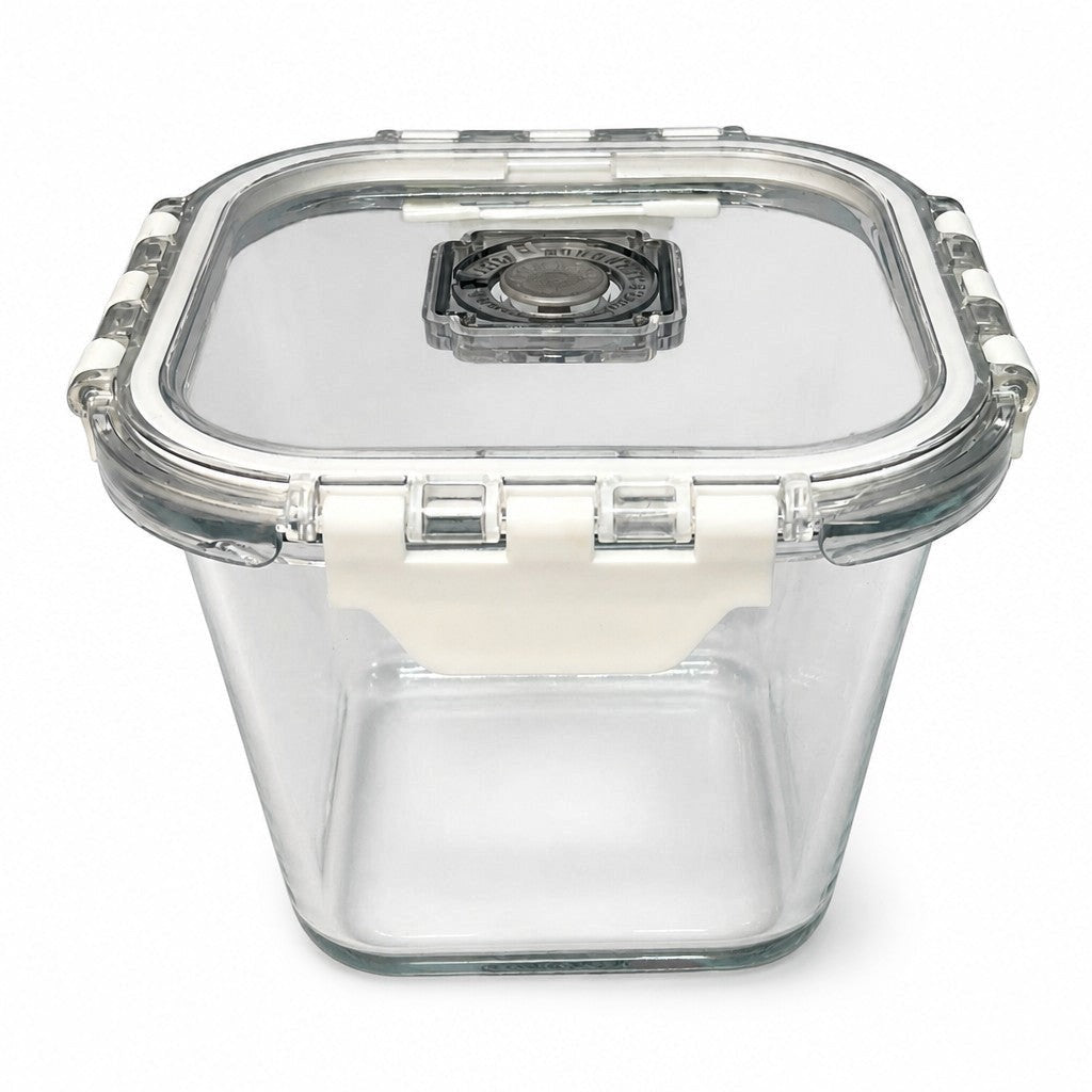 INOUTHOMECO square glass food container with an airtight locking lid and built-in steam vent for meal prep.