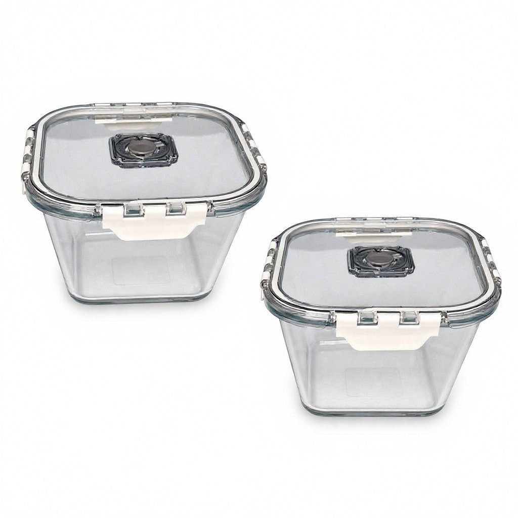 INOUTHOMECO set of two 800ml square glass food storage containers with airtight locking lids and steam vents.