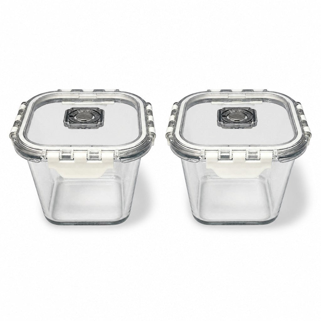INOUTHOMECO set of two 1800ml square glass food containers with airtight locking lids and built-in steam vents.